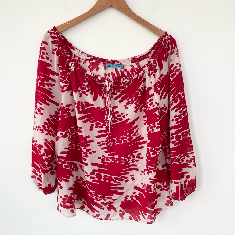 Alice + Olivia Silk Red and Ivory Sheer Long Sleeve Top M Medium‎